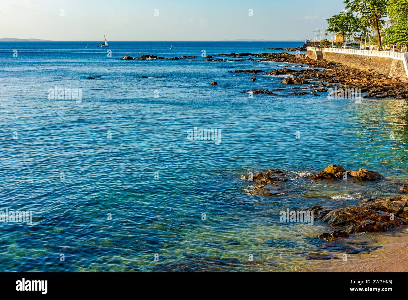 Seafront of the city of Salvador in Bahia in the Porto da Barra neighborhood in a sunny summer day Stock Photo