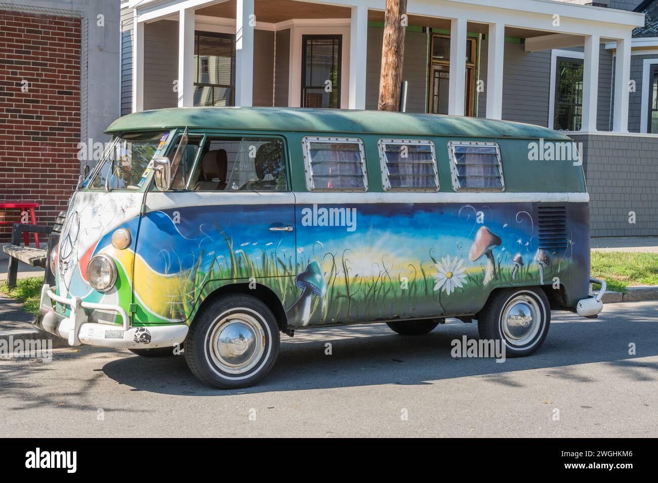 Andover, MA, US-June 26, 2022: Classic VW microbus or van also known as a kombi at antique car show. Stock Photo