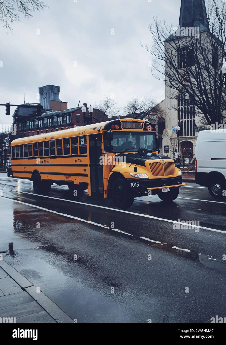 Typical school bus in Boston, United States, on February 13, 2020 Stock Photo