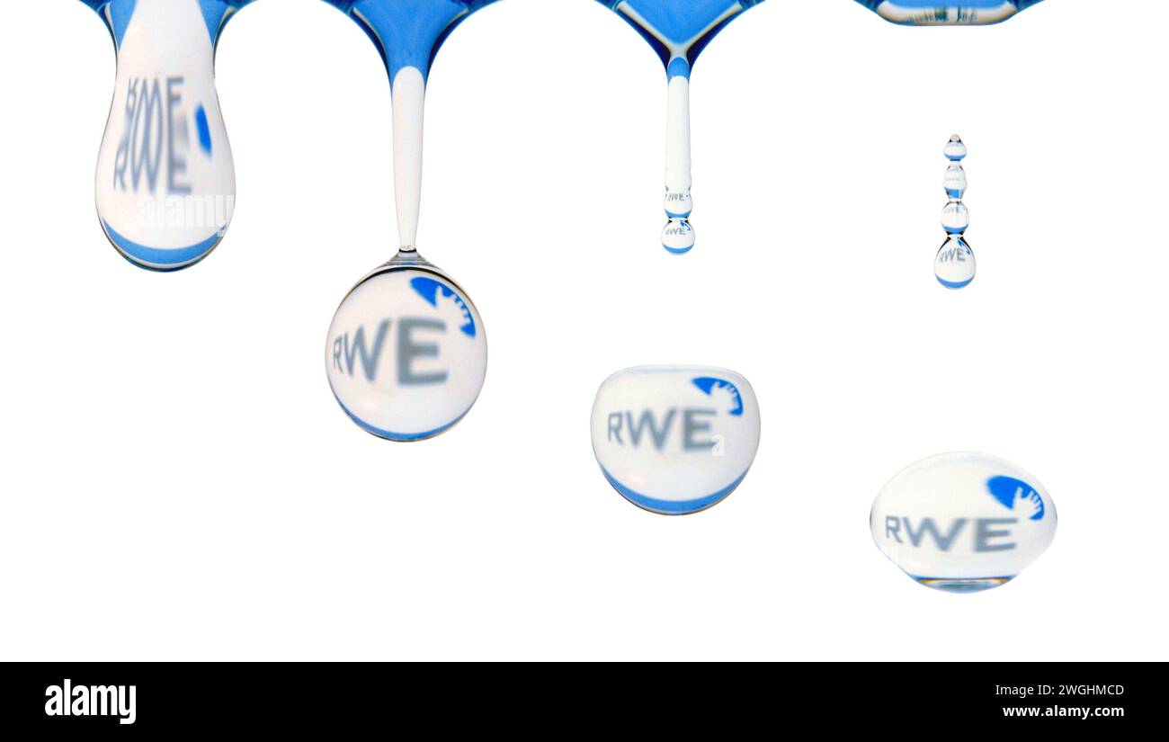 sequence of a drop of water dripping off, the logo of the energy company RWE, Rheinisch-Westfälisches Elektrizitätswerk, is reflected in the drop Stock Photo