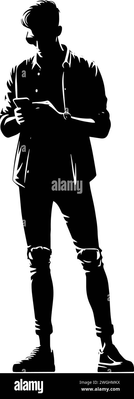 Young man using a smartphone silhouette. Vector illustration Stock Vector