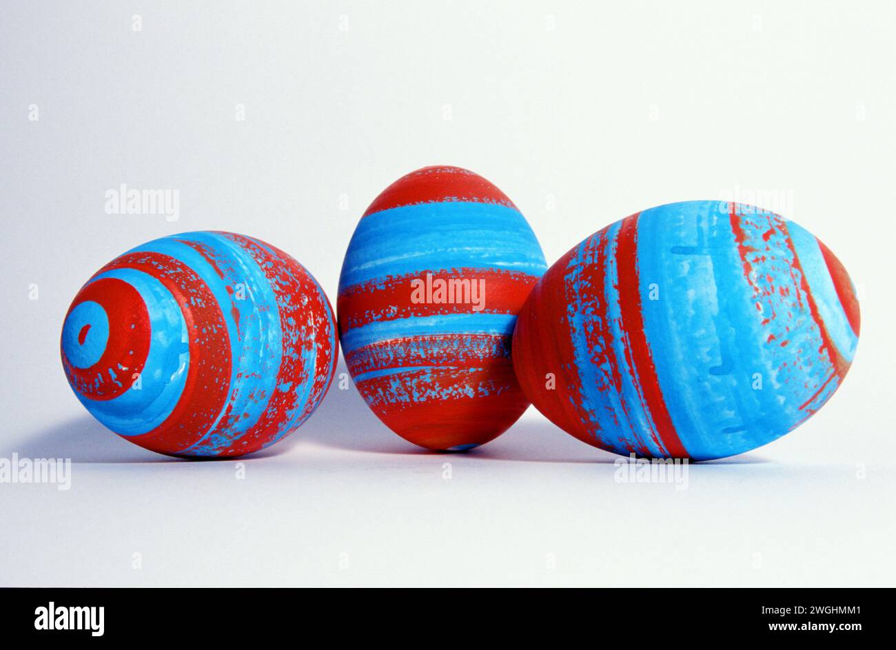 red and blue painted hen's eggs Stock Photo