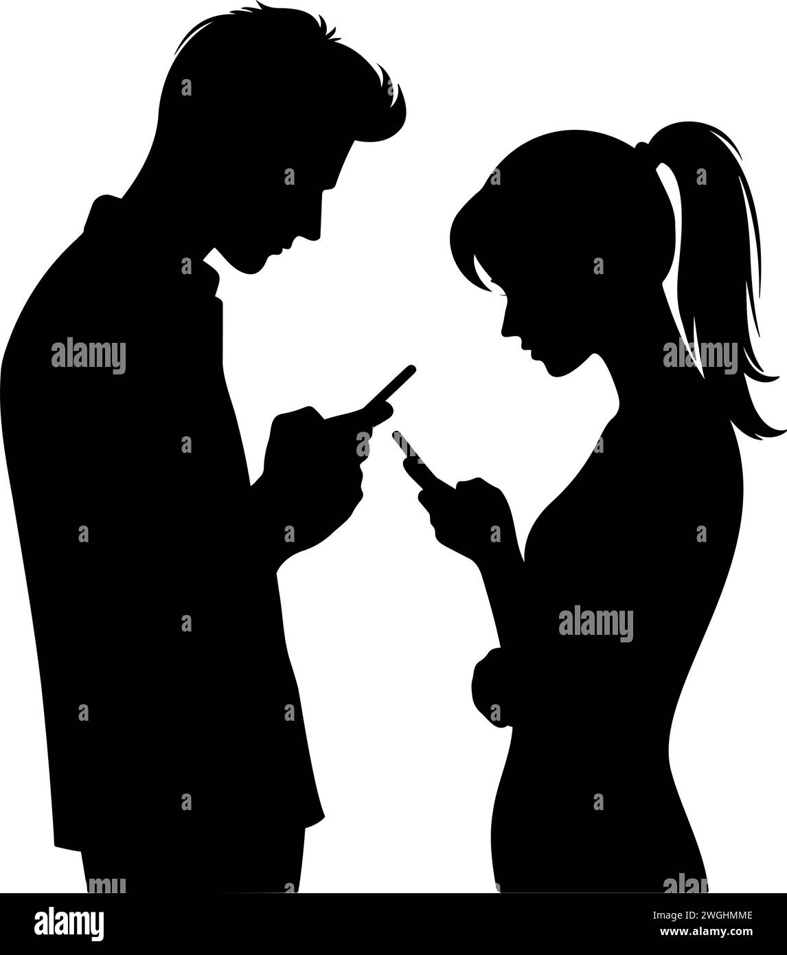 Silhouette of a man and woman using a smartphone together. Vector illustration Stock Vector