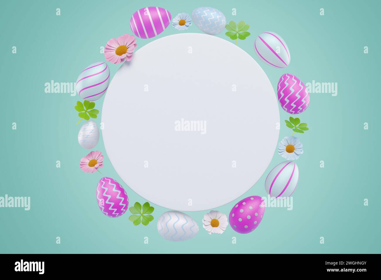 White circle surrounded by Easter eggs and flowers. 3D rendering Stock Photo