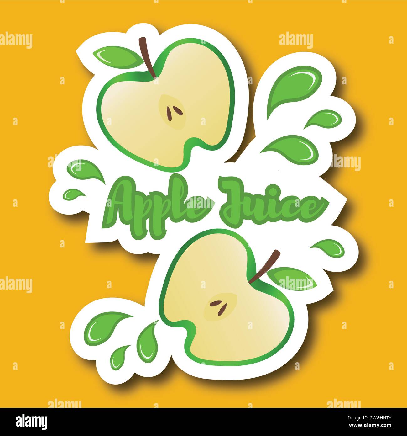 Sticker with green apples and juice drops. Sticker with the inscription apple juice. Stock Vector