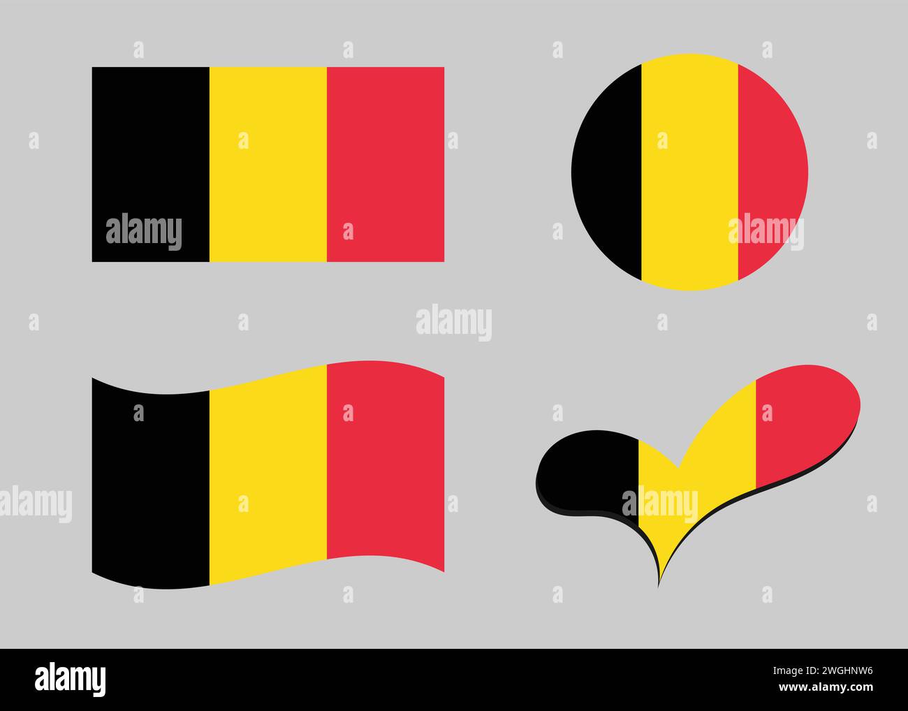 Flag of Belgium. Belgium flag in heart shape. Belgium flag in circle shape. Country flag variations Stock Vector