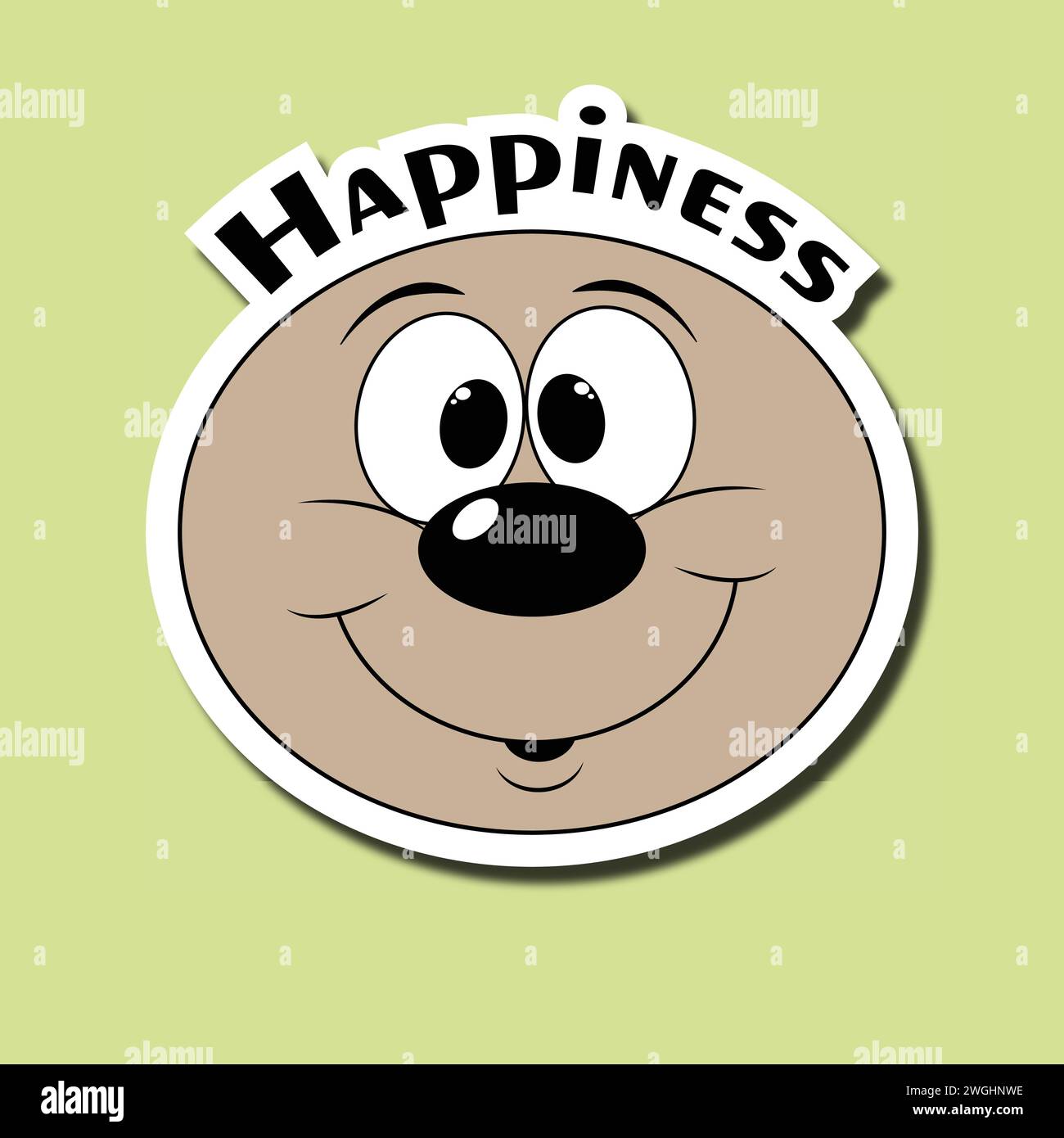 Happy face sticker. Happy emoticon. Smiling cartoon character. Sticker with the inscription Happiness Stock Vector