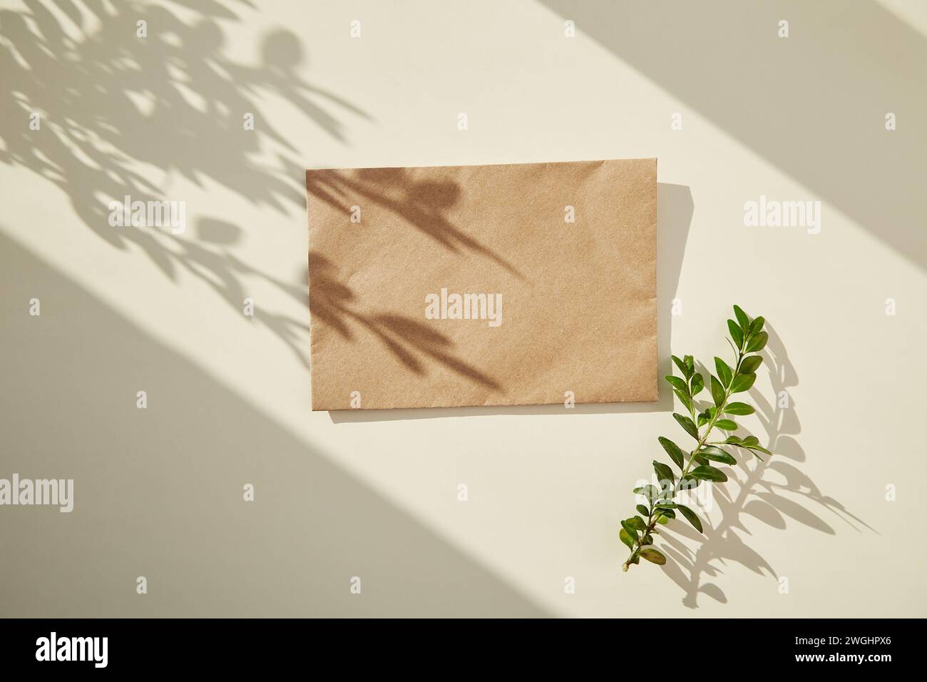 Craft paper envelope mock up under sunny shadows. Copy space. Stock Photo