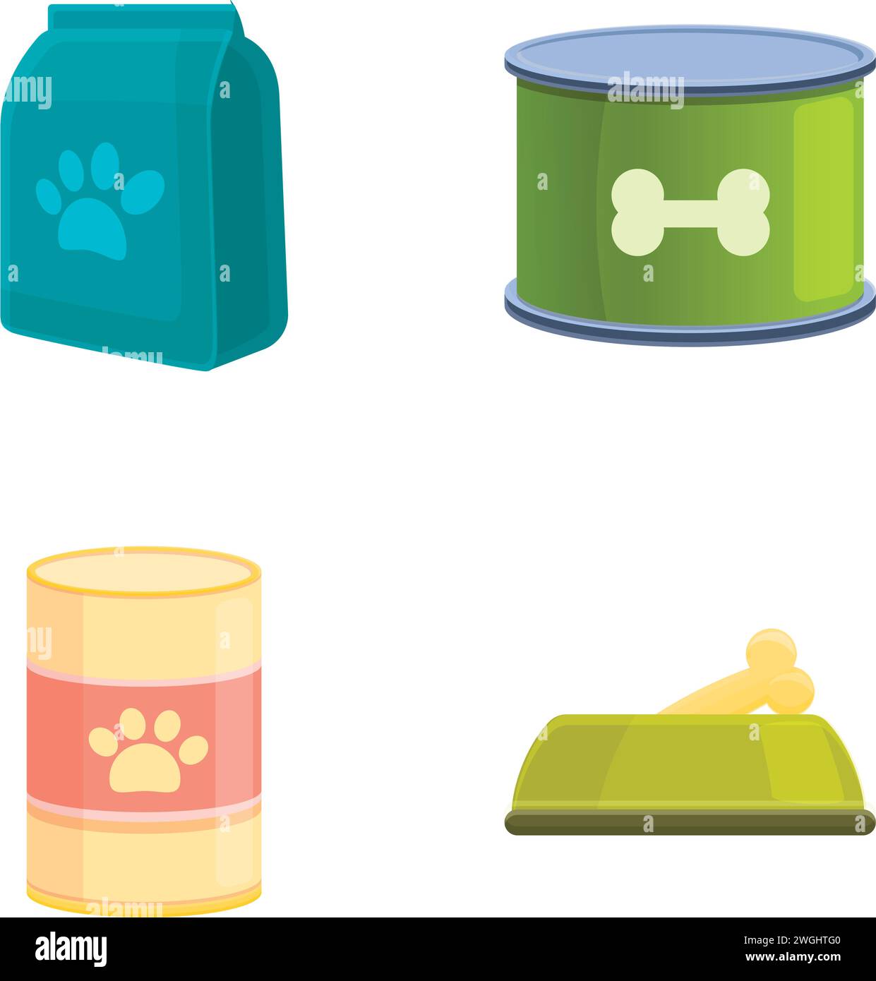 Pet food icons set cartoon vector. Dog food package and bone in bowl. Domestic animal, care concept Stock Vector