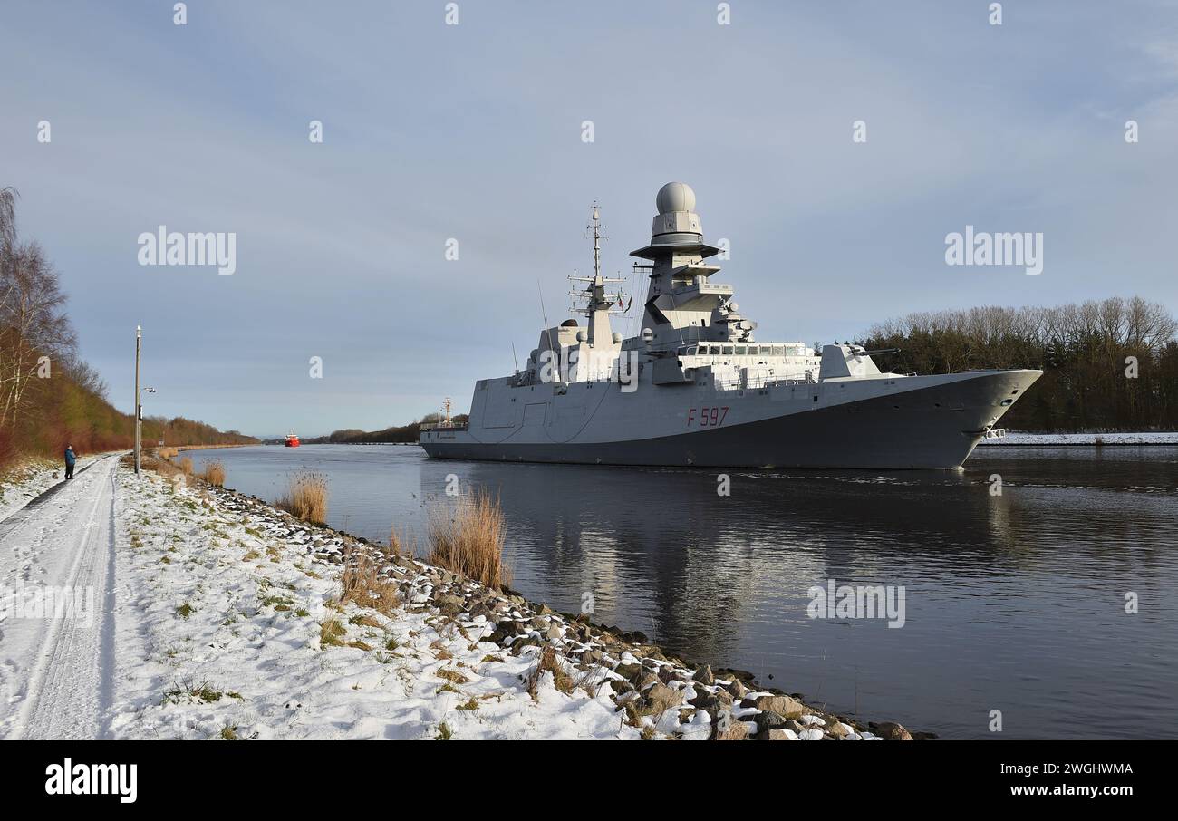 Italian Frigate In The North Sea-Baltic Canal Stock Photo