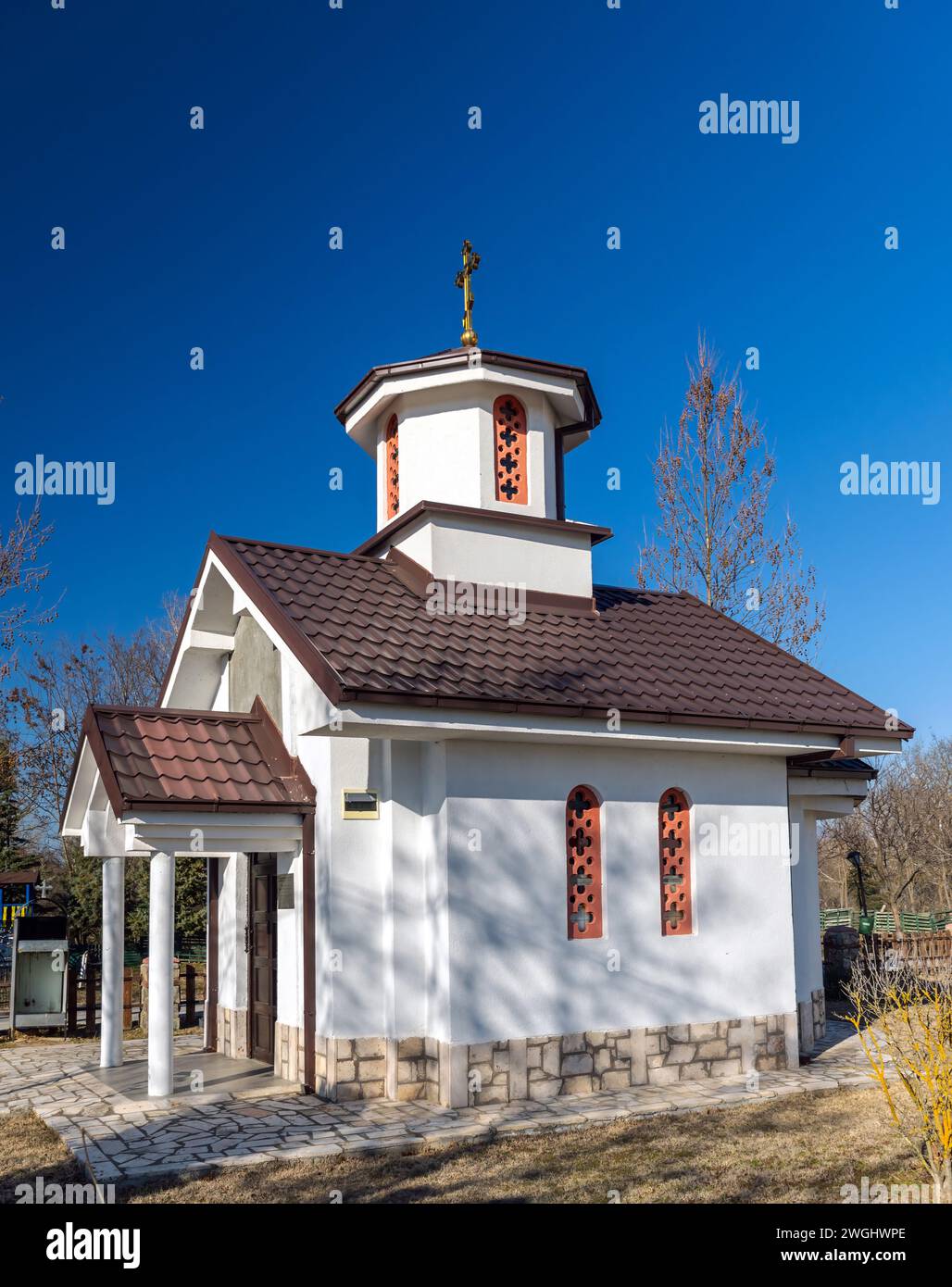 Kumanovo North Macedonia, Church of the Nativity of the Holy Mother of God, Ethno Village Timchevski. Stock Photo