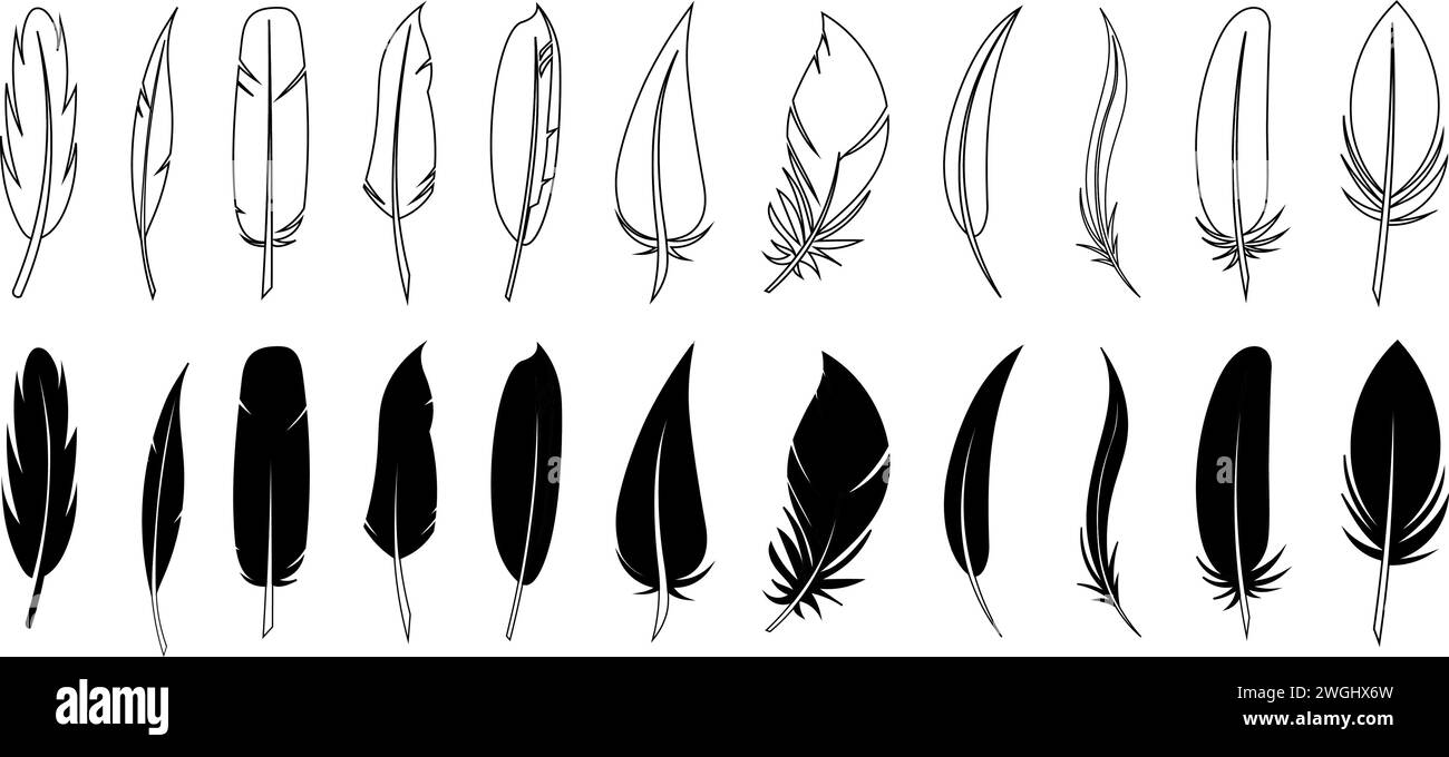 Set of black feather in a flat style. Set of bird feather. Pen vector icons. Black quill feather silhouette.  Stock Vector