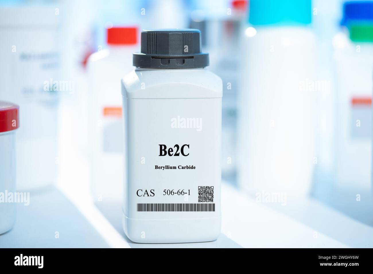 Be2C beryllium carbide CAS 506-66-1 chemical substance in white plastic laboratory packaging Stock Photo