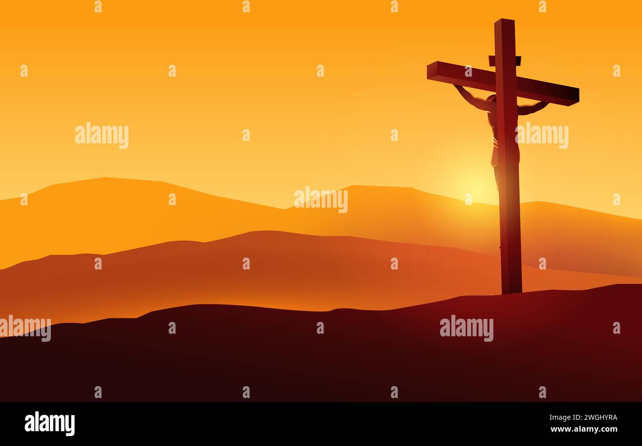 Biblical vector illustration series, back view of Jesus on the cross wearing a crown of thorns Stock Vector