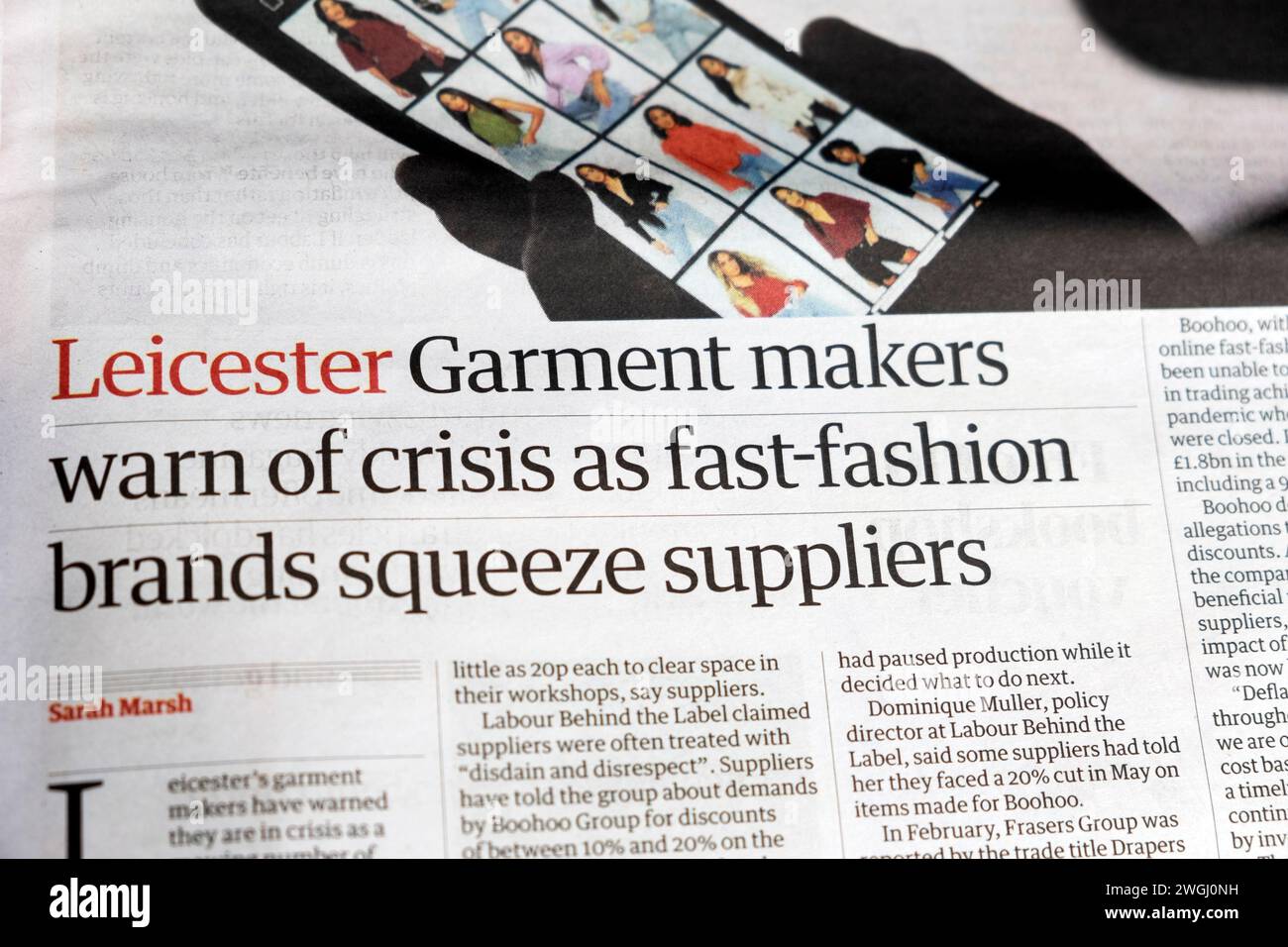'Leicester Garment makers warn of crisis as fast-fashion brands squeeze suppliers' Guardian newspaper headline article 5 June 2023 London England UK Stock Photo