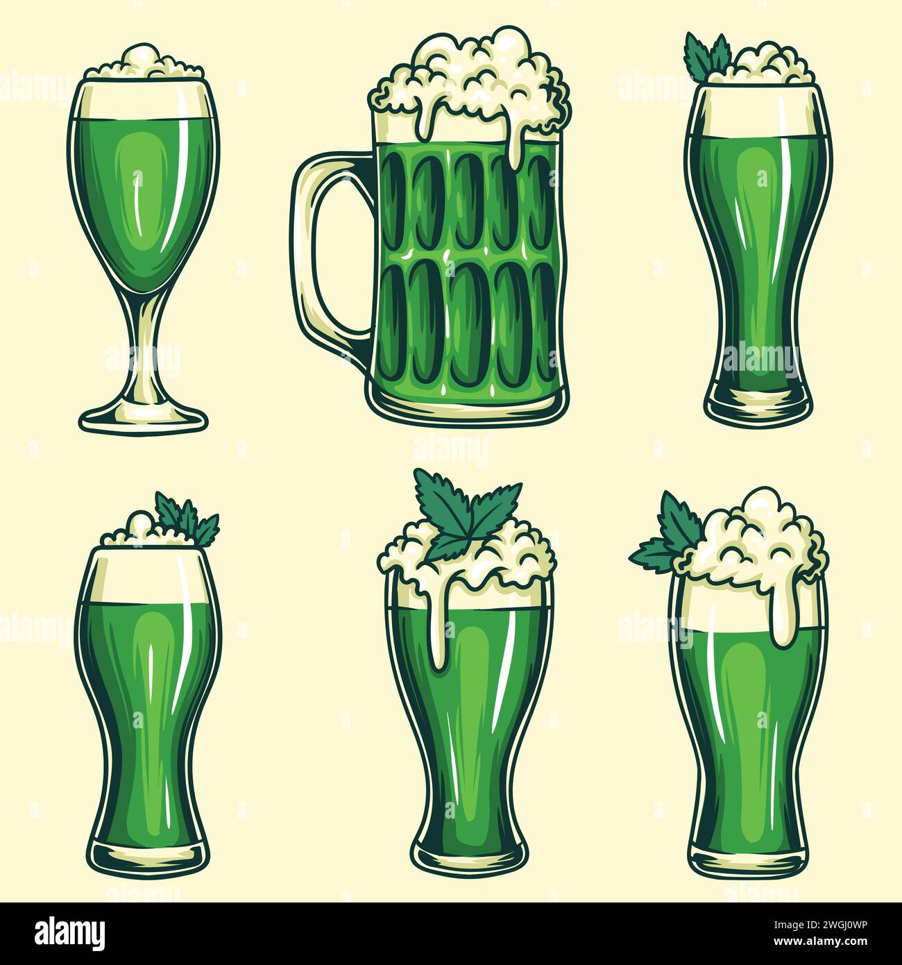 Glass green beer set collection vector illustration for your company or brand Stock Vector