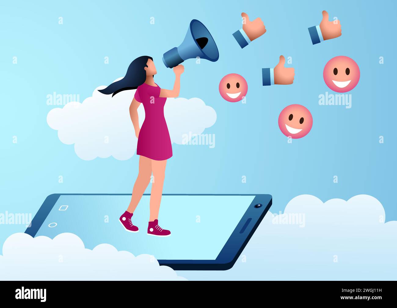 Female figure standing on smartphone using megaphone to attract likes on social media, influencer, beauty flogger, self promotion on social media, vec Stock Vector