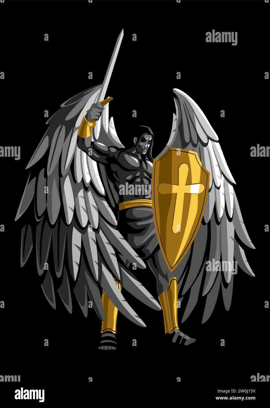 Archangel with sword and shield on black background Stock Vector