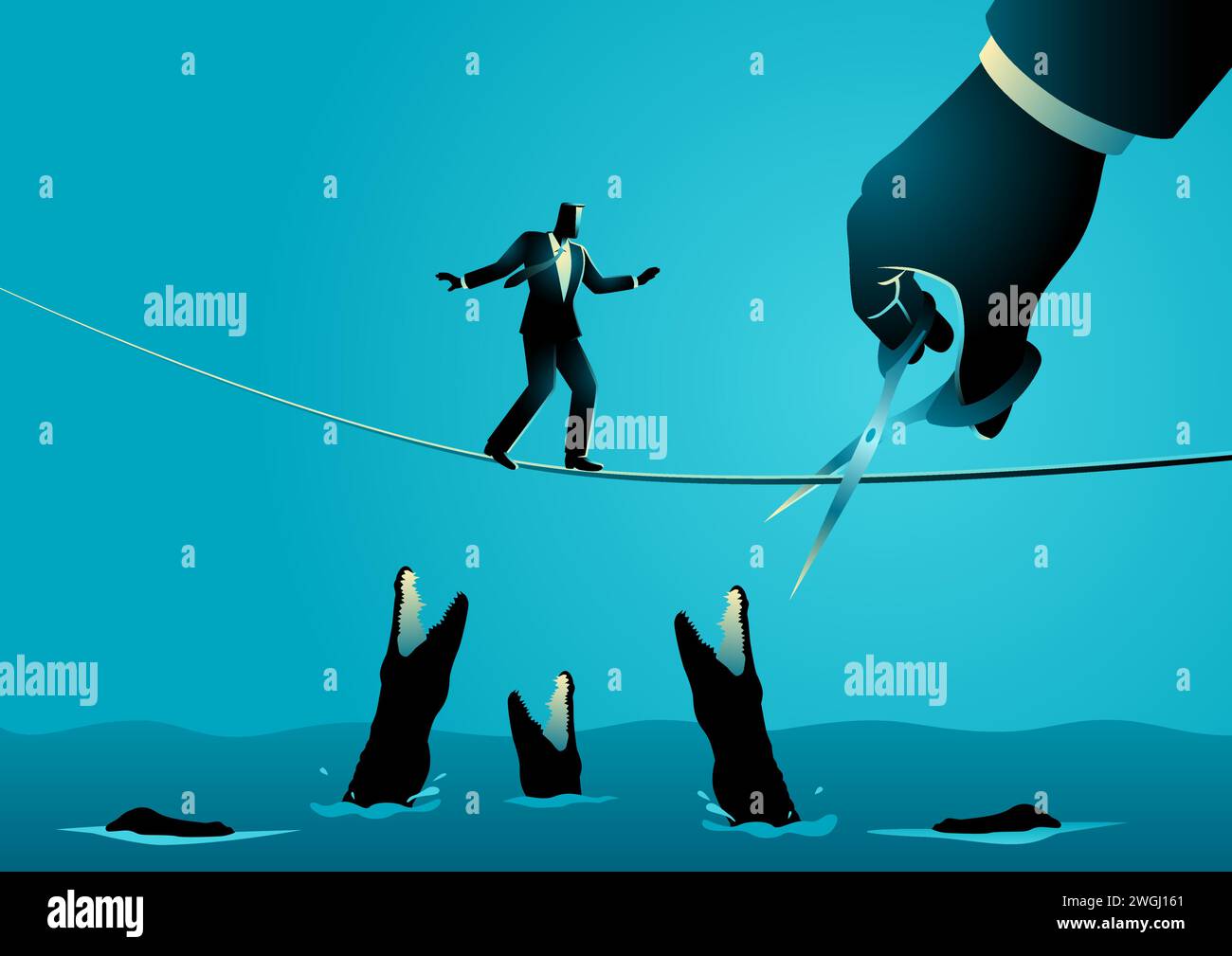 Business concept illustration of a businessman running on rope over a river full with alligators, meanwhile a giant hand with scissors is cutting the Stock Vector