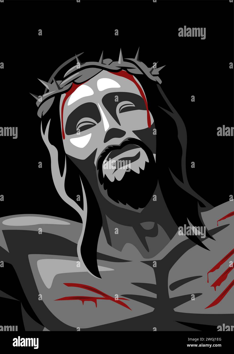 Close up vector illustration of Jesus face on the cross wearing a crown of thorns Stock Vector