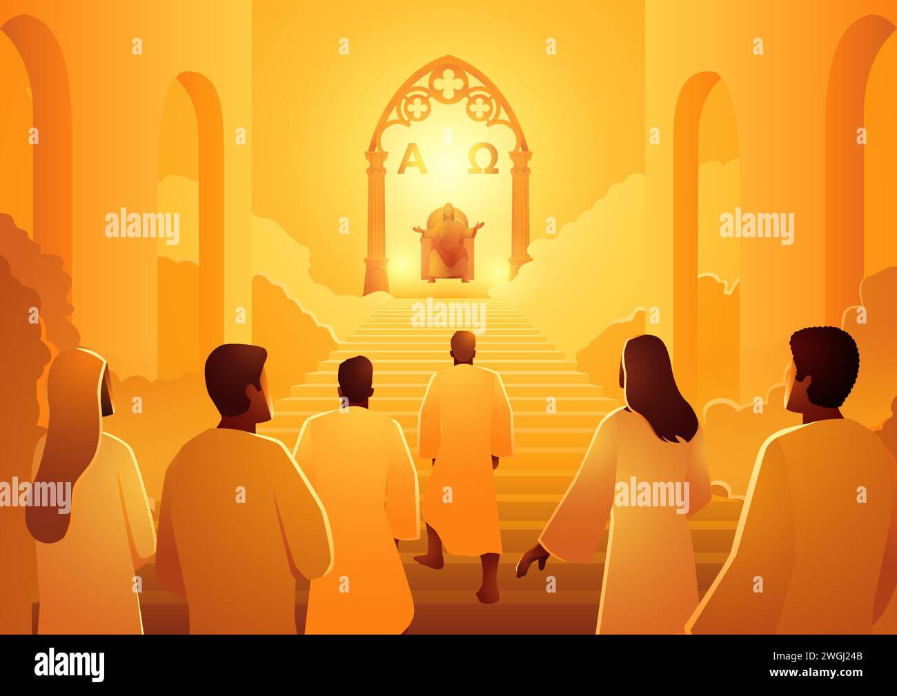 Biblical silhouette illustration series, Jesus sits on the throne of heaven welcoming the arrival of his followers Stock Vector