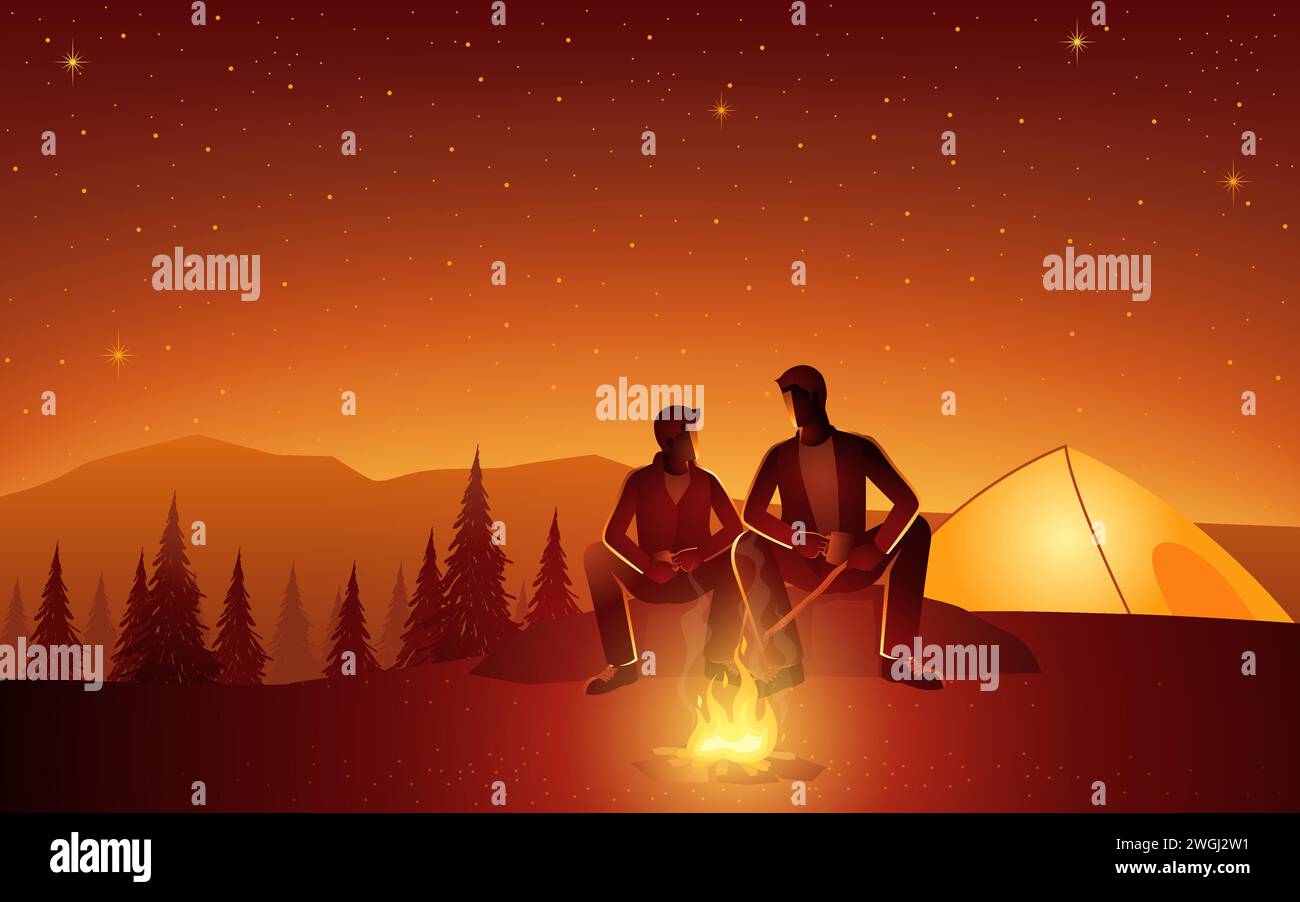 Father and son sitting together while camping by mountain, beautiful panorama vector illustration Stock Vector
