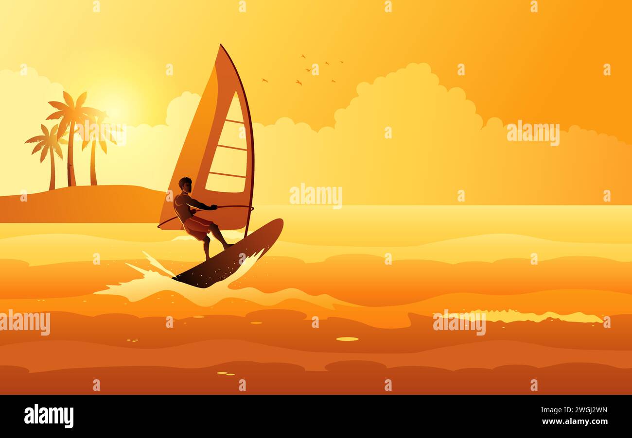 Windsurfer, extreme sport, leisure and hobby, vector illustration Stock Vector