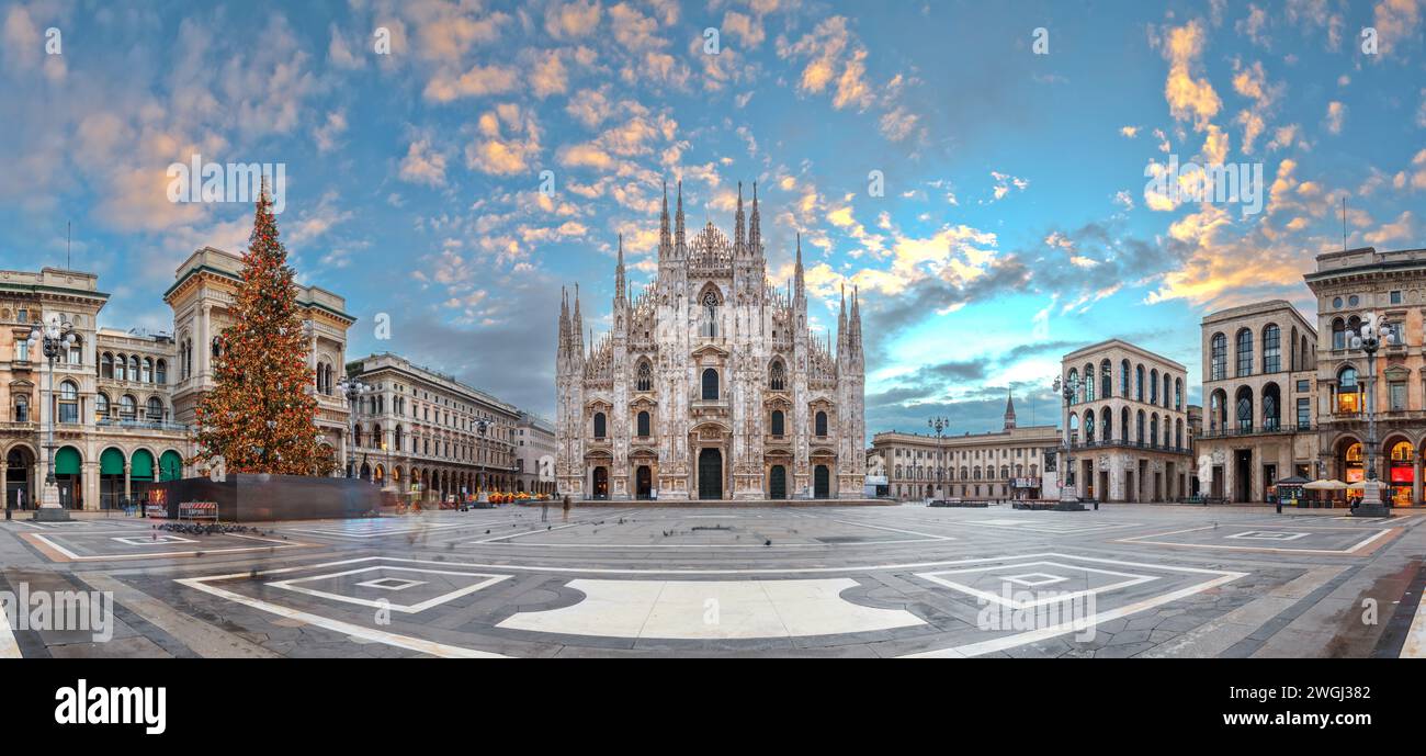 Milan, Italy at the Milan Duomo and Galleria during Christmas time at dawn. Stock Photo