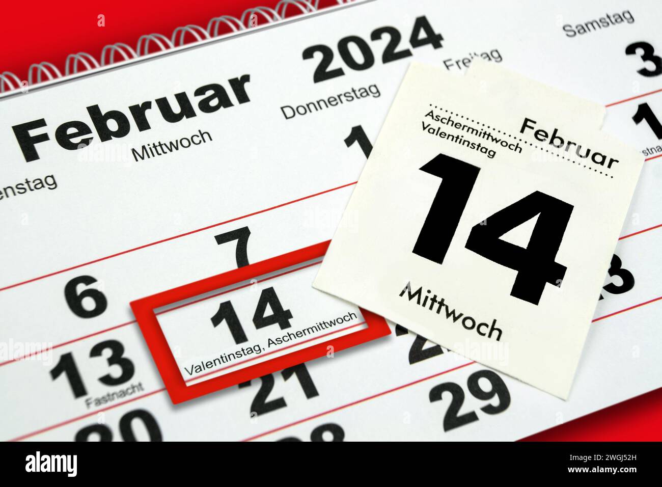 German calendar 2024 February 14 Valentines Day and Ash Wednesday