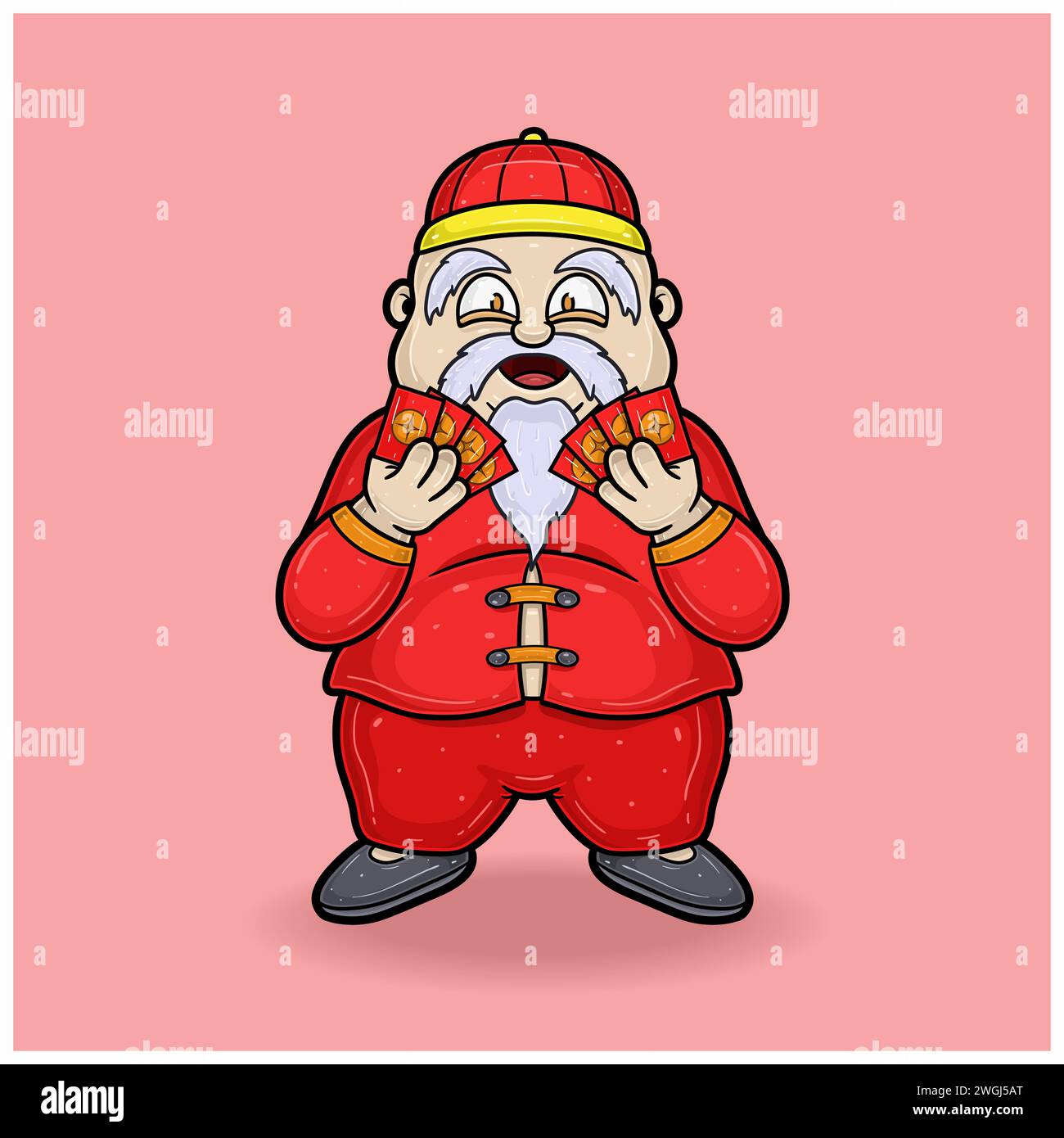Chinese New Year Cartoon With Old Fat Man Bring Red Envelope. Vector Illustrations. Stock Vector