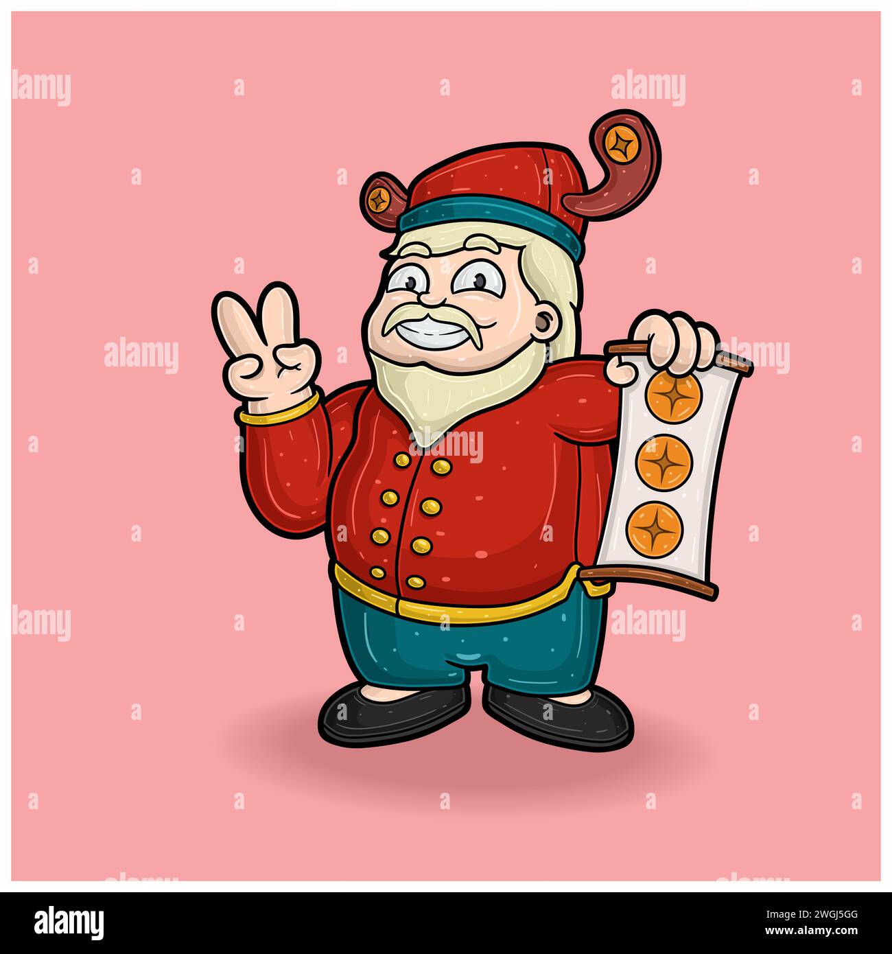Chinese New Year Cartoon With Old Man Bring Money Symbol. Vector Illustrations. Stock Vector