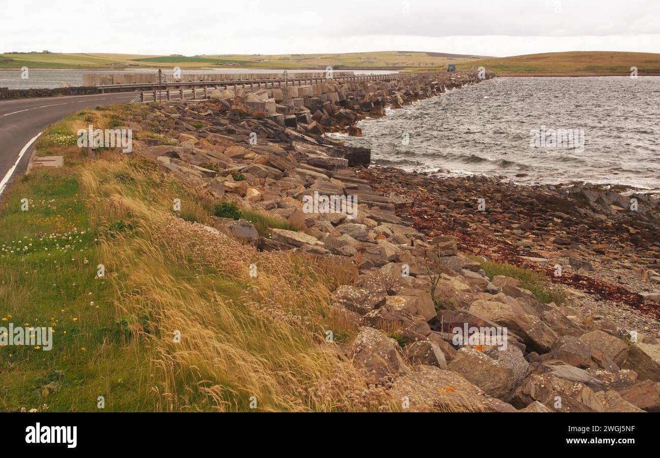 Churchill Barrier 2 built by Italian prisoners of war in WW2, showing the large concrete blocks, Orkney UK Stock Photo