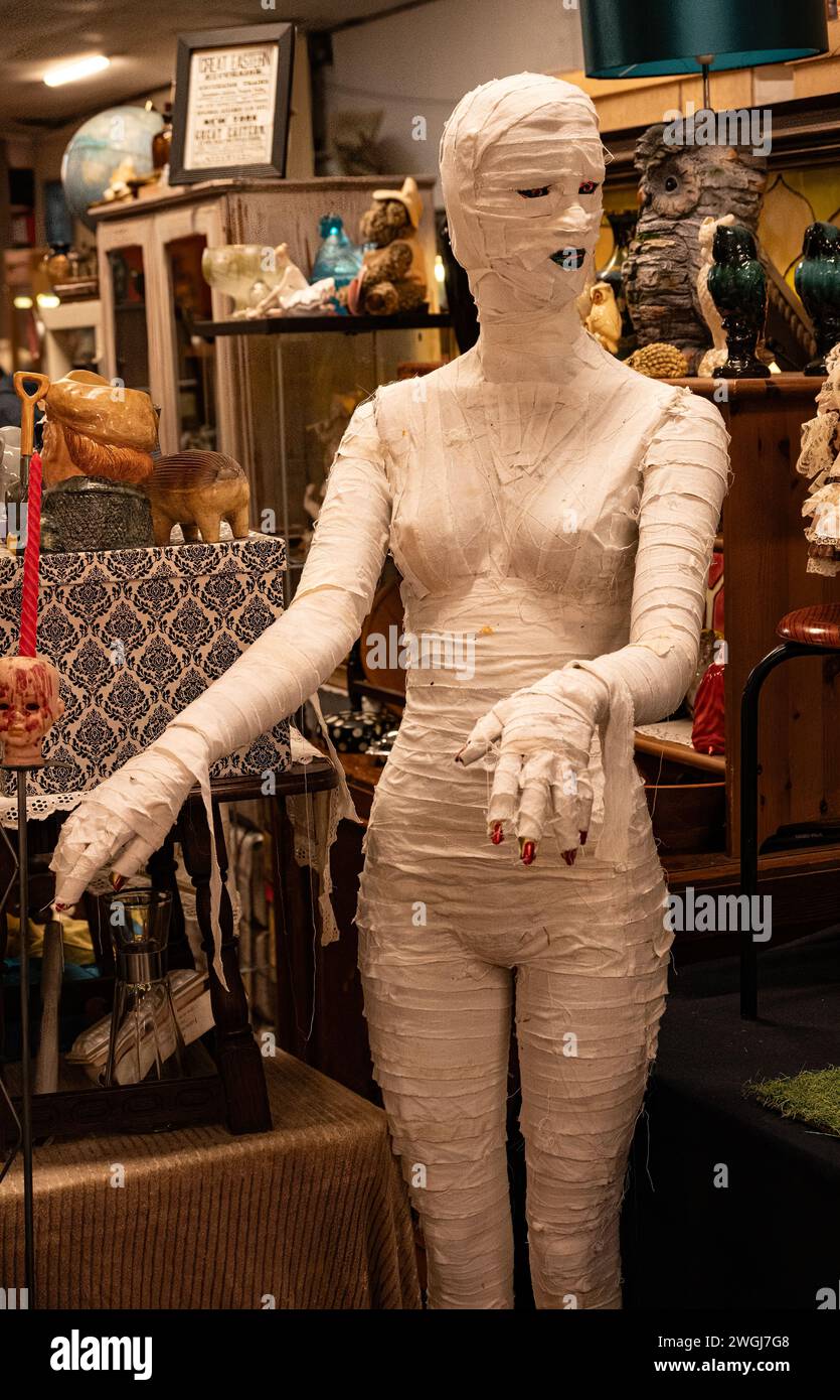 Mummy Manequin on display amongst Bric a Brac in market. Stock Photo