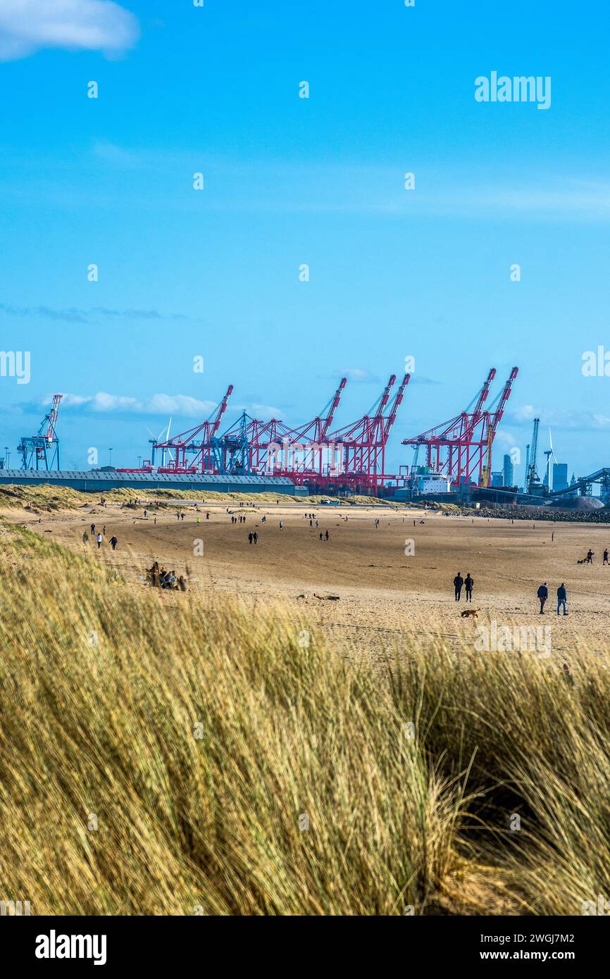 View of Liverpool Container Port from Crosby Beach. Stock Photo