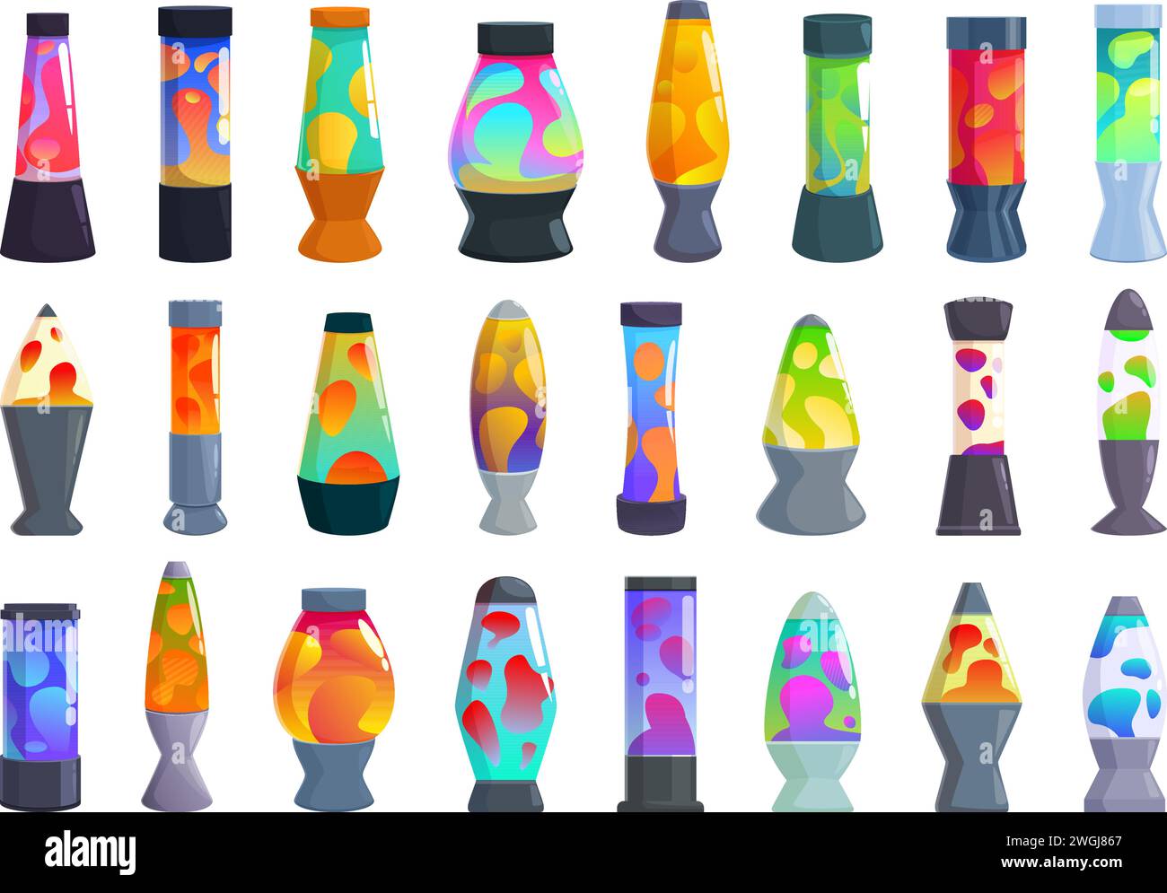 Lava lamp icons set cartoon vector. Disco liquid chrome. Magma bubbles