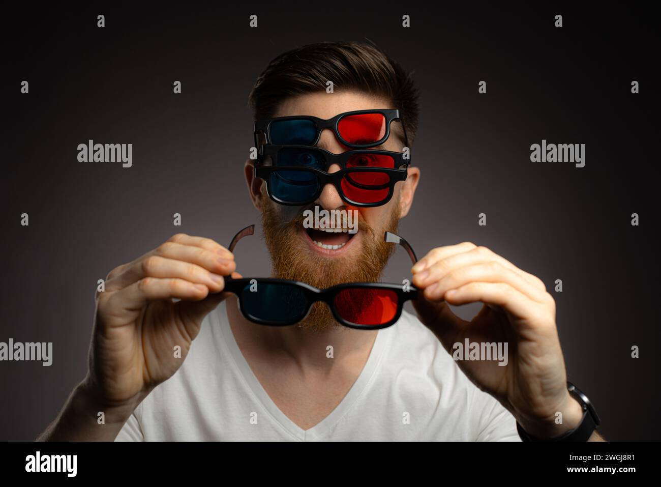 funny bearded man with anaglyph glasses Stock Photo