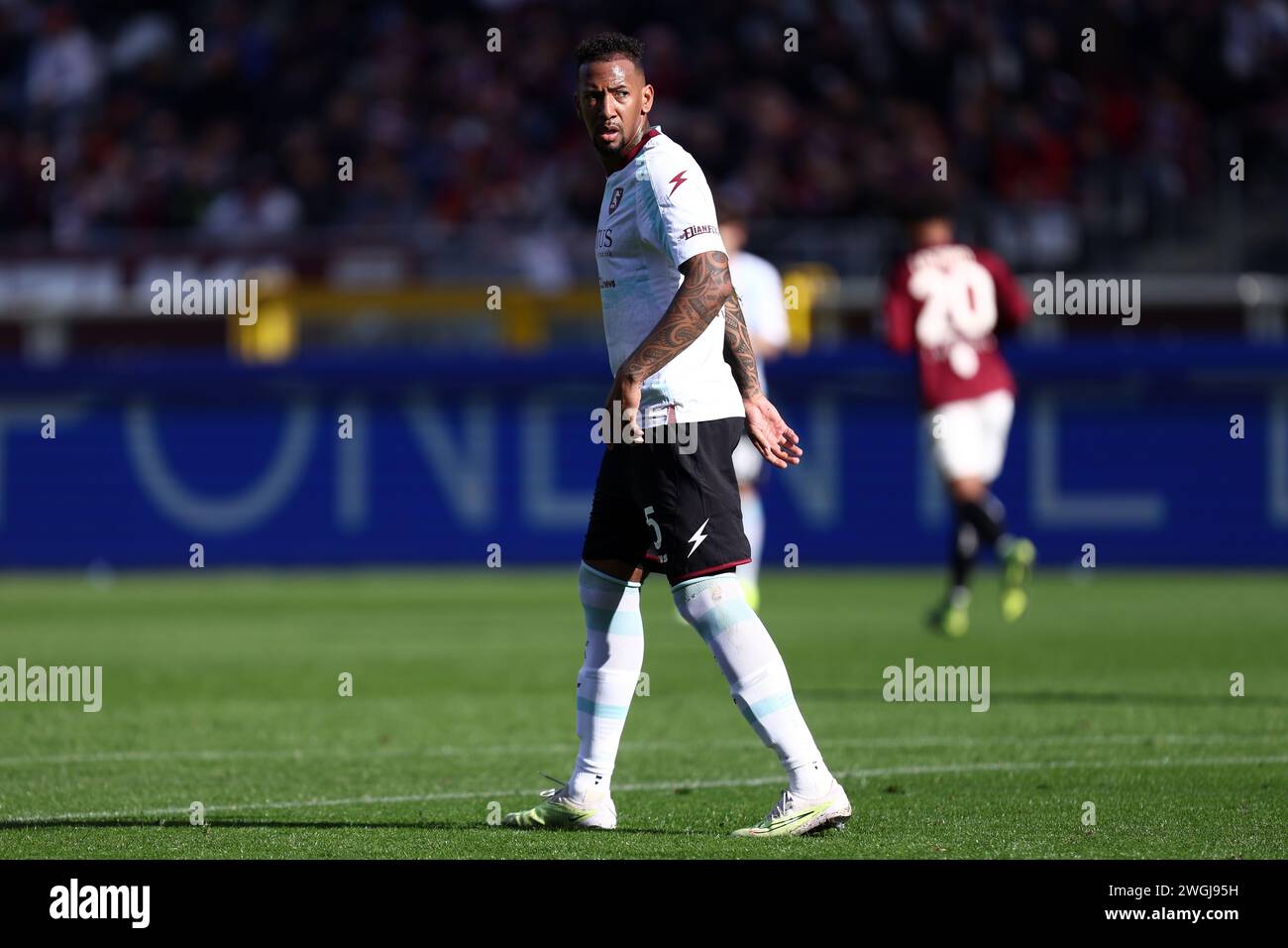 Jerome Boateng of Us Salernitana looks on during the Serie A football match beetween Torino Fc and Us Salernitana at Stadio Olimpico on February 4 2023 in Turin, Italy . Stock Photo