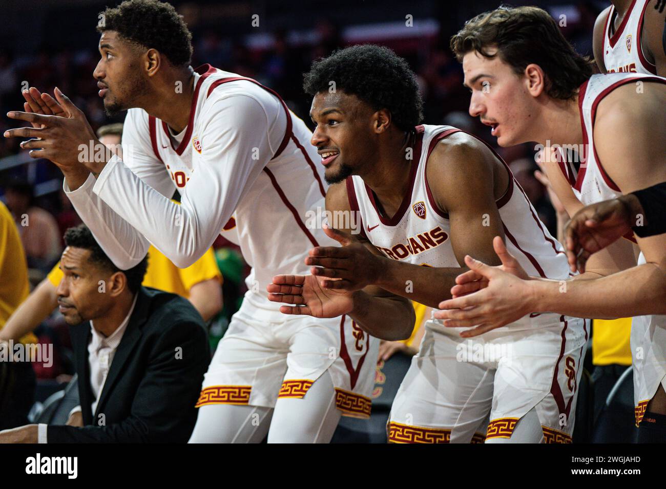 USC Trojans guard Bronny James (6) and teammates forward Arrinten Page(09)