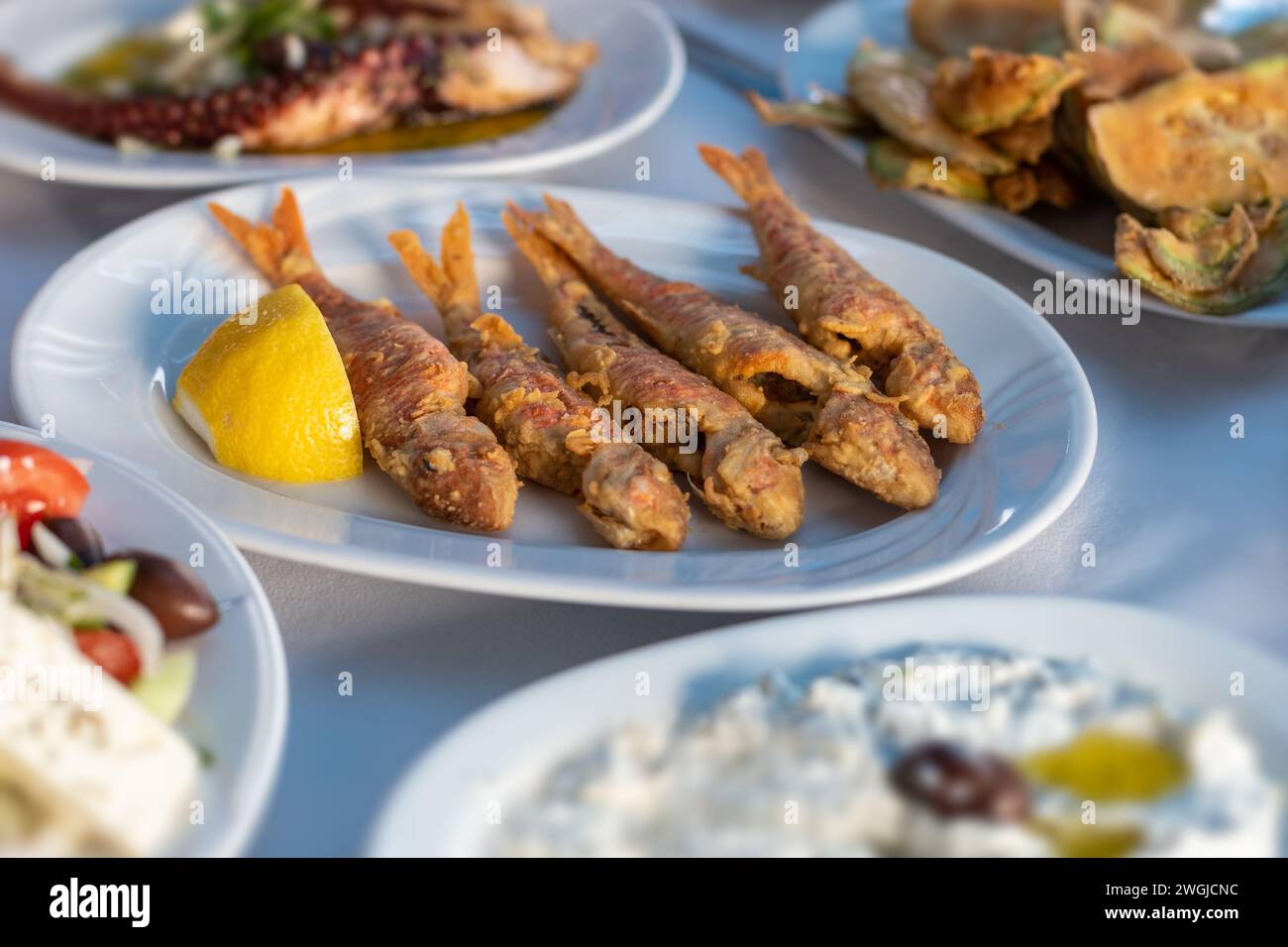 fried red mullet fish plate on table Stock Photo