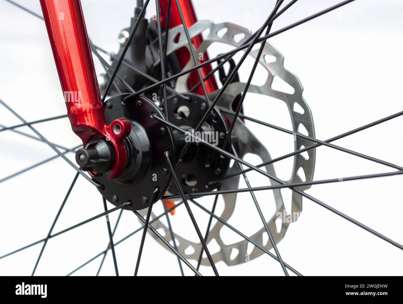 Hydraulic brake system of a bicycle on white background. Bicycle parts and components Stock