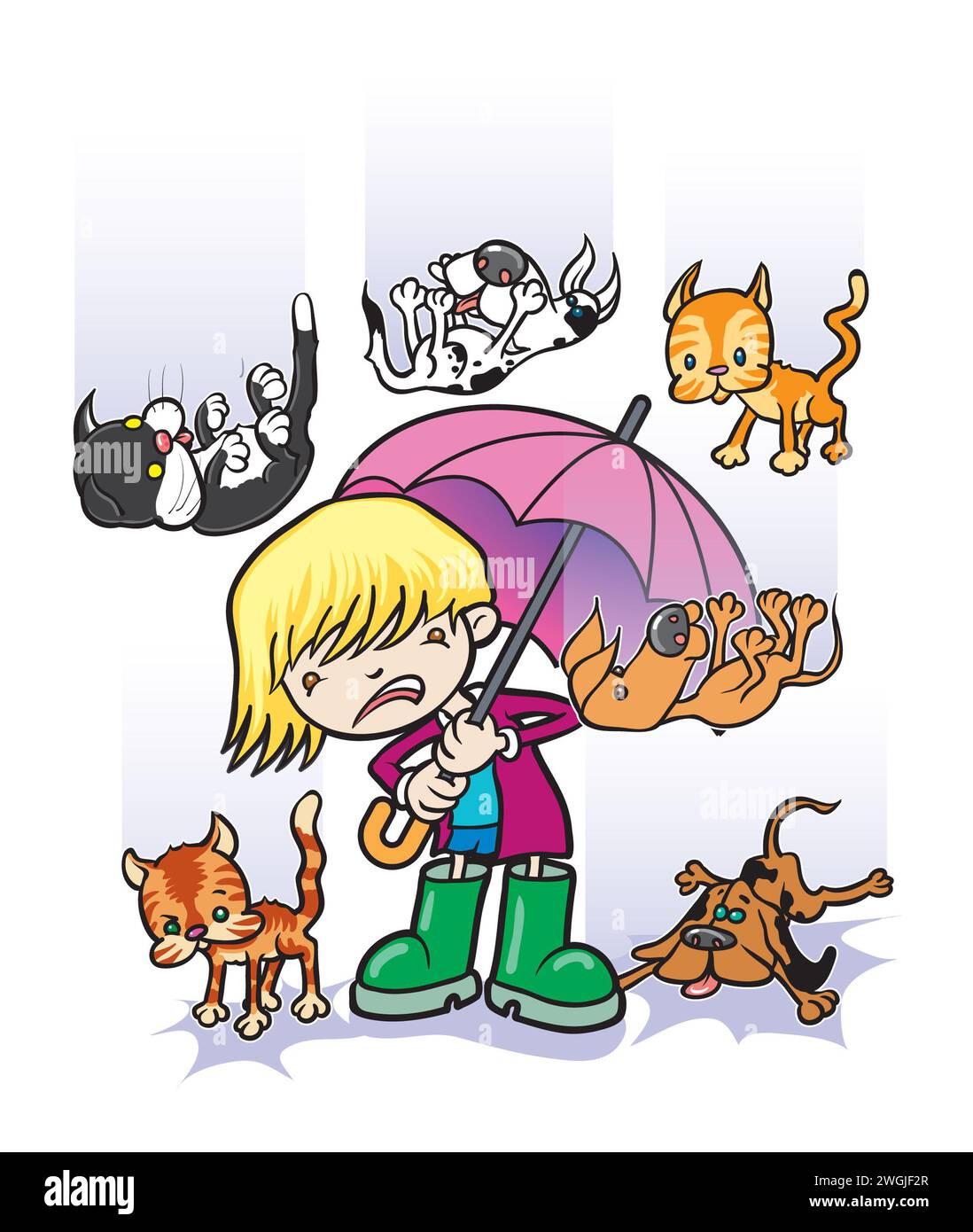 Concept art cartoon, child sheltering under umbrella from raining cats and dogs, popular phrases, idioms, English language popular sayings educational Stock Photo