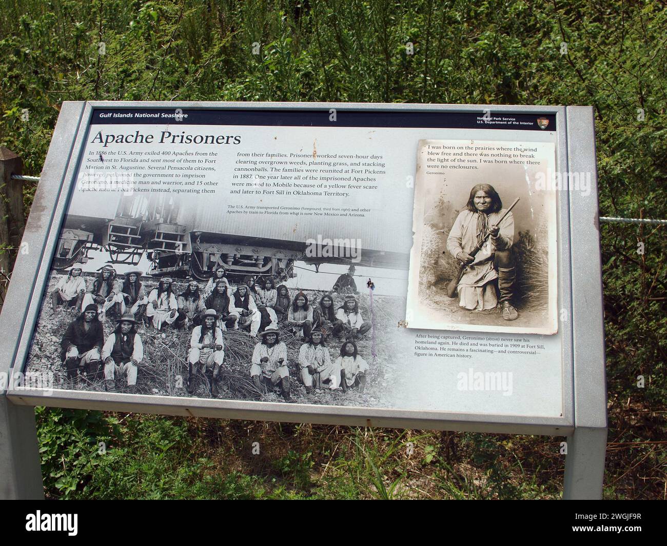 Pensacola, Florida, United States - August 13, 2012: Marker explaining the imprisonment of Geronimo and Apache Indians in Fort Pickens. Stock Photo