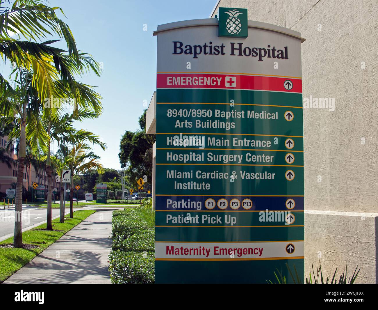 Miami, Florida, United States - November 20, 2023: Baptist Hospital of Kendall directions to Emergency and Maternity departments. Stock Photo