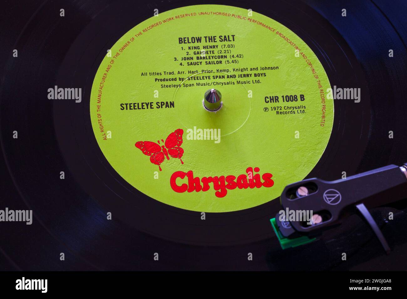 Steeleye Span Below the Salt vinyl record album LP with tonearm, cartridge, headshell and stylus on turntable record player - 1972 Stock Photo