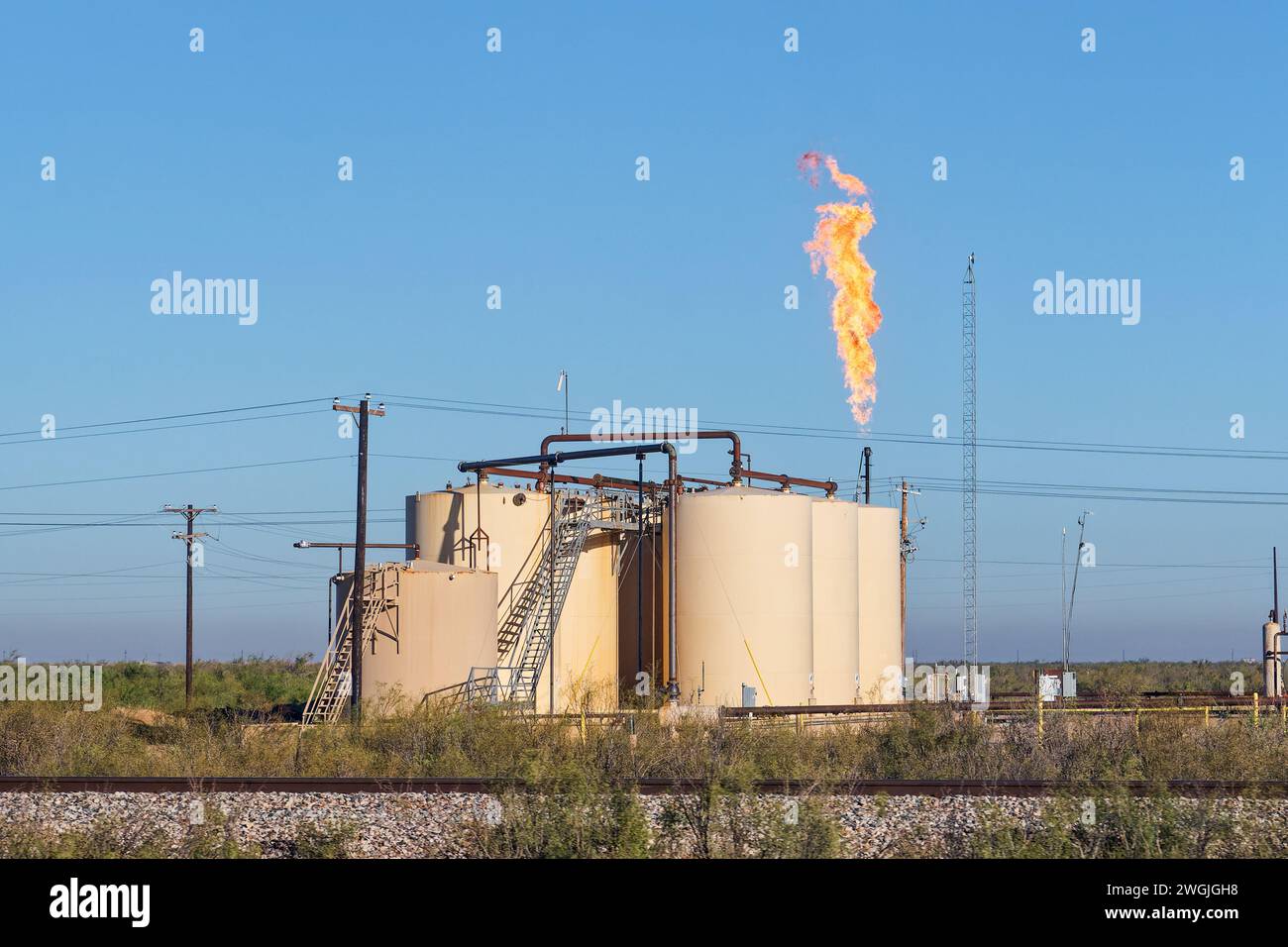 Pecos, TX Oct. 11, 2023 "Flaring" at an oil field with crude oil