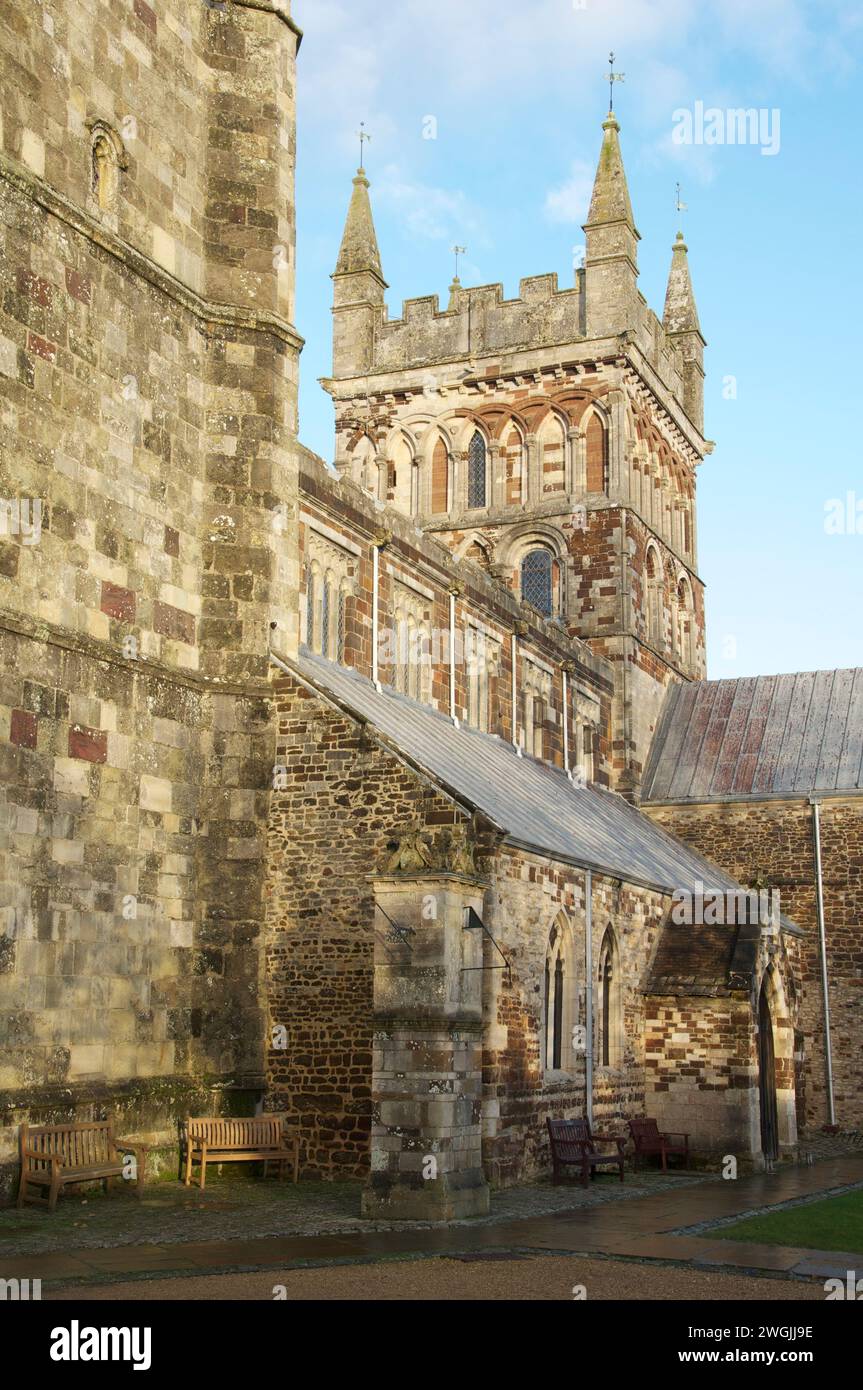 Wimborne Minster AKA The Minster Church of St Cuthburga dates back to Saxon times, the existing building is predominantly 12th century Norman. Dorset. Stock Photo