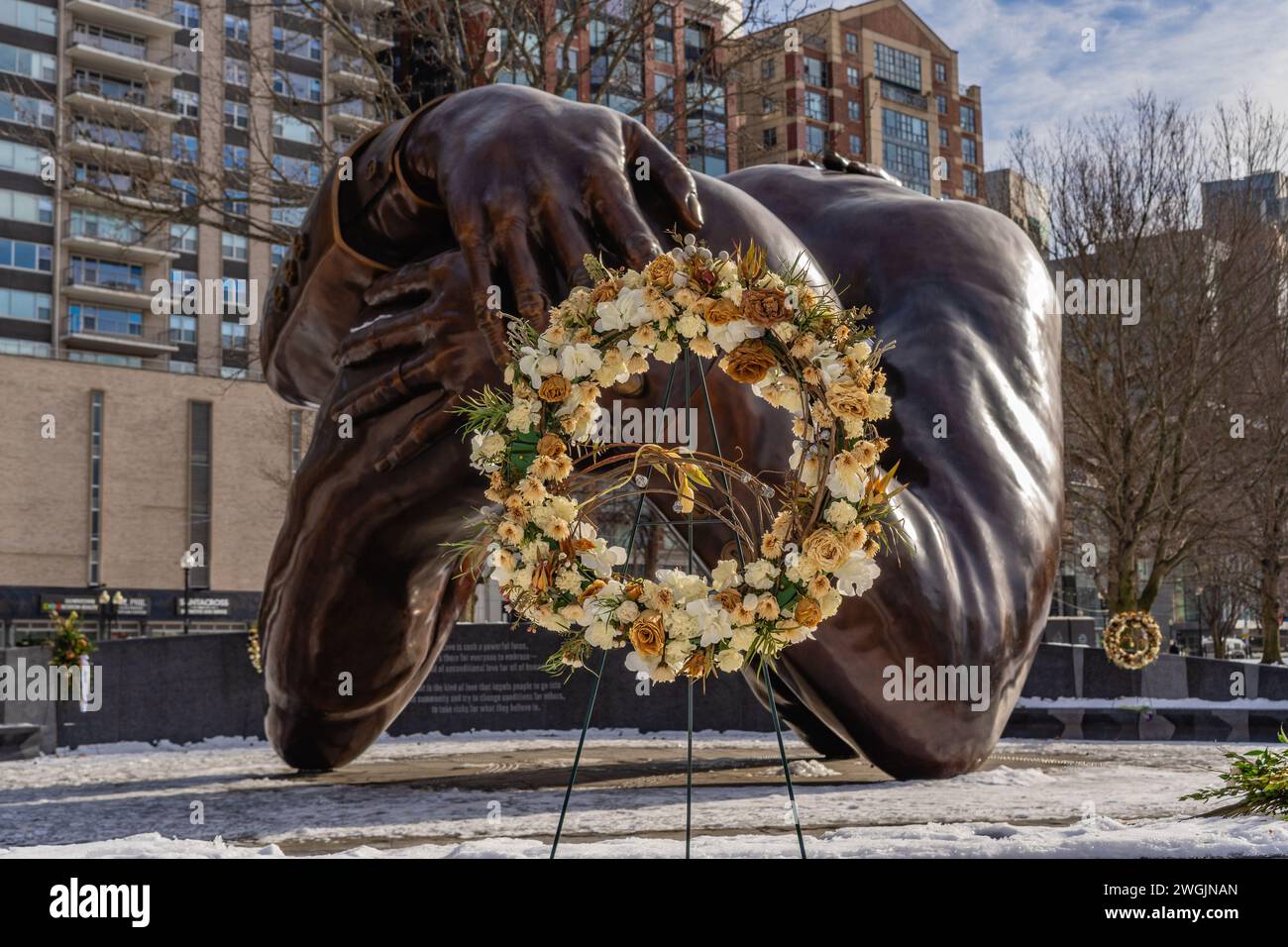 Boston, MA, US-January 15, 2024: The Embrace sculpture in the Boston Common honoring Dr. Martin Luther King and his wife Coretta Scott King. Stock Photo