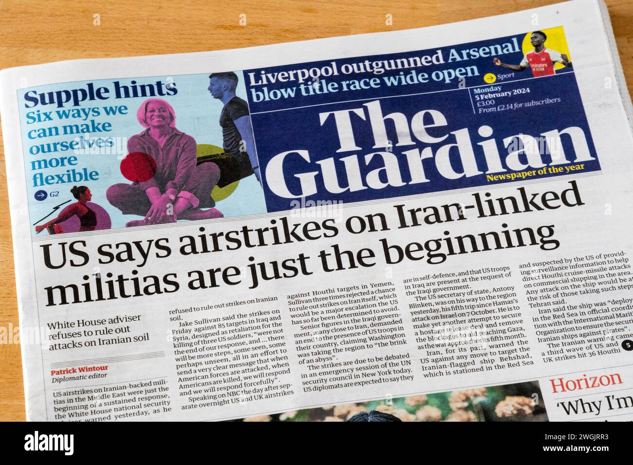 5 February 2024.  Guardian headline reads US says airstrikes on Iran-linked militias are just the beginning. Stock Photo