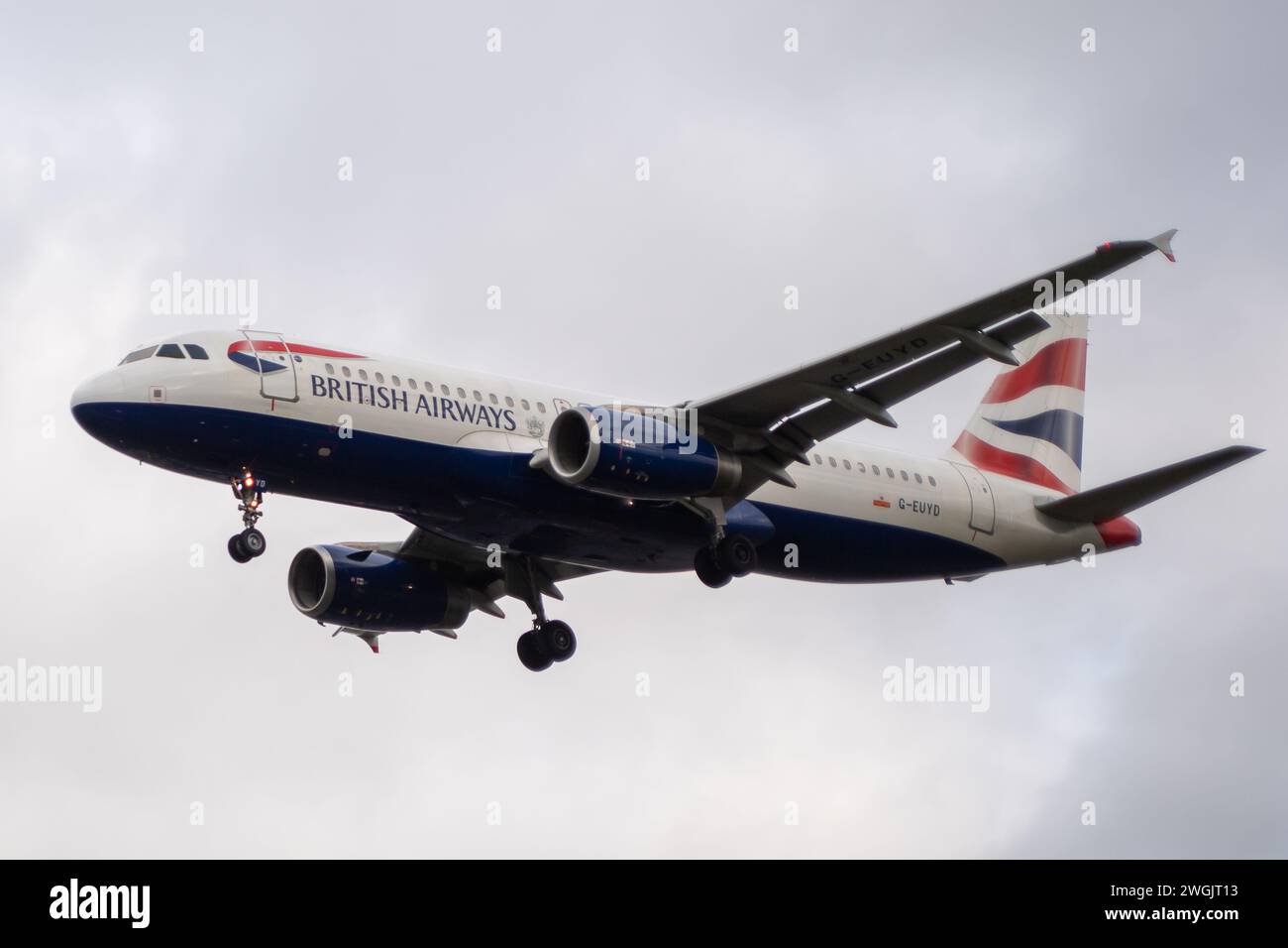 Hounslow, UK. 5th February, 2024. A British Airways Airbus landing at London Heathrow. The Independent has reported that British Airways have 'announced a major shake-up to its Executive Club loyalty scheme by switching all customers over to a fixed membership year from 2025. It removes one of the major complexities of the programme, by aligning the collection year for tier points – which determine status such as gold, silver or bronze – into a common calendar year, to run from April 1 to March 31'. Credit: Maureen McLean/Alamy Stock Photo