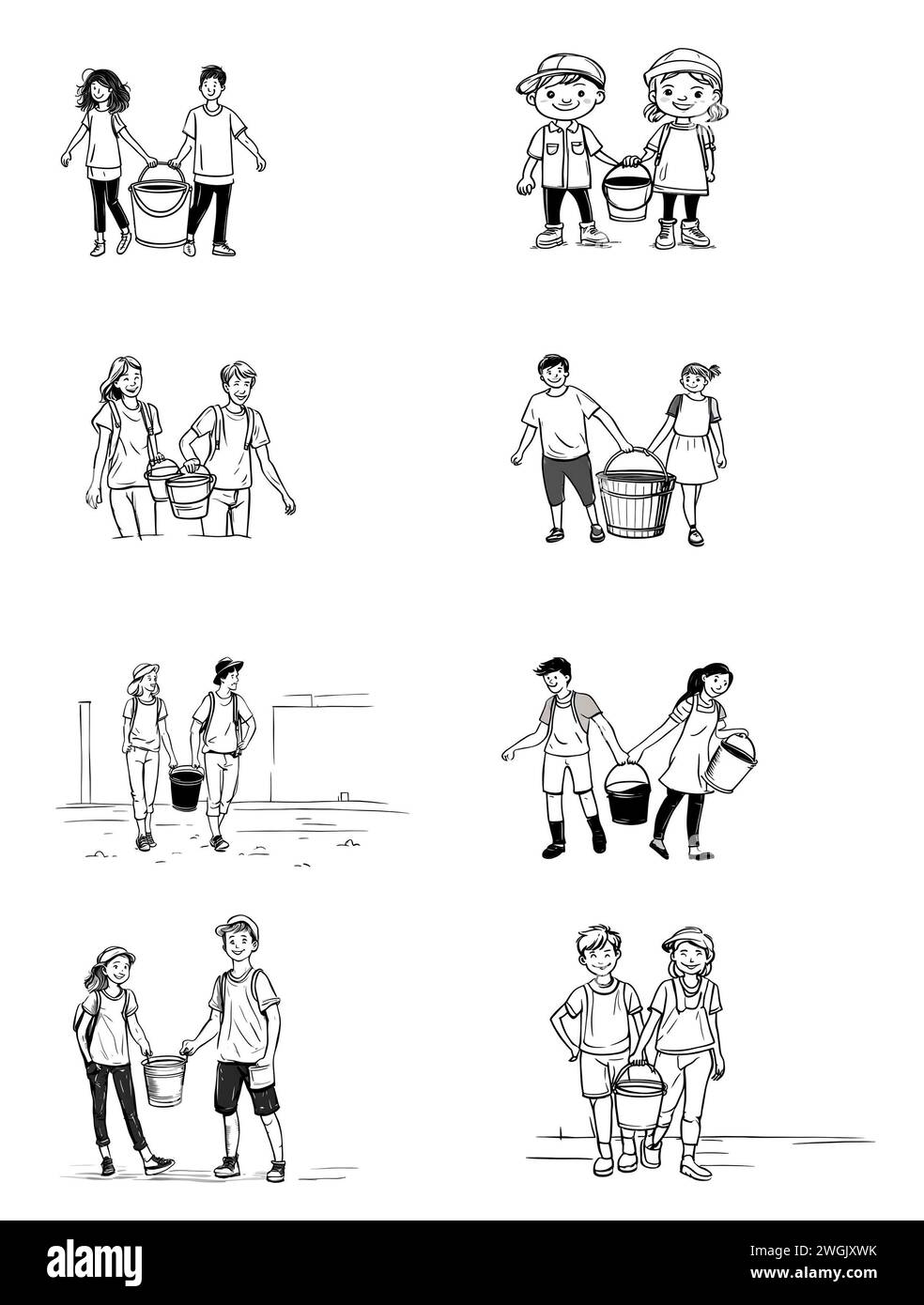 Minimalist icons, cartoon drawings Jack and Jill, black and white, isolated on white. Eight different Stock Photo